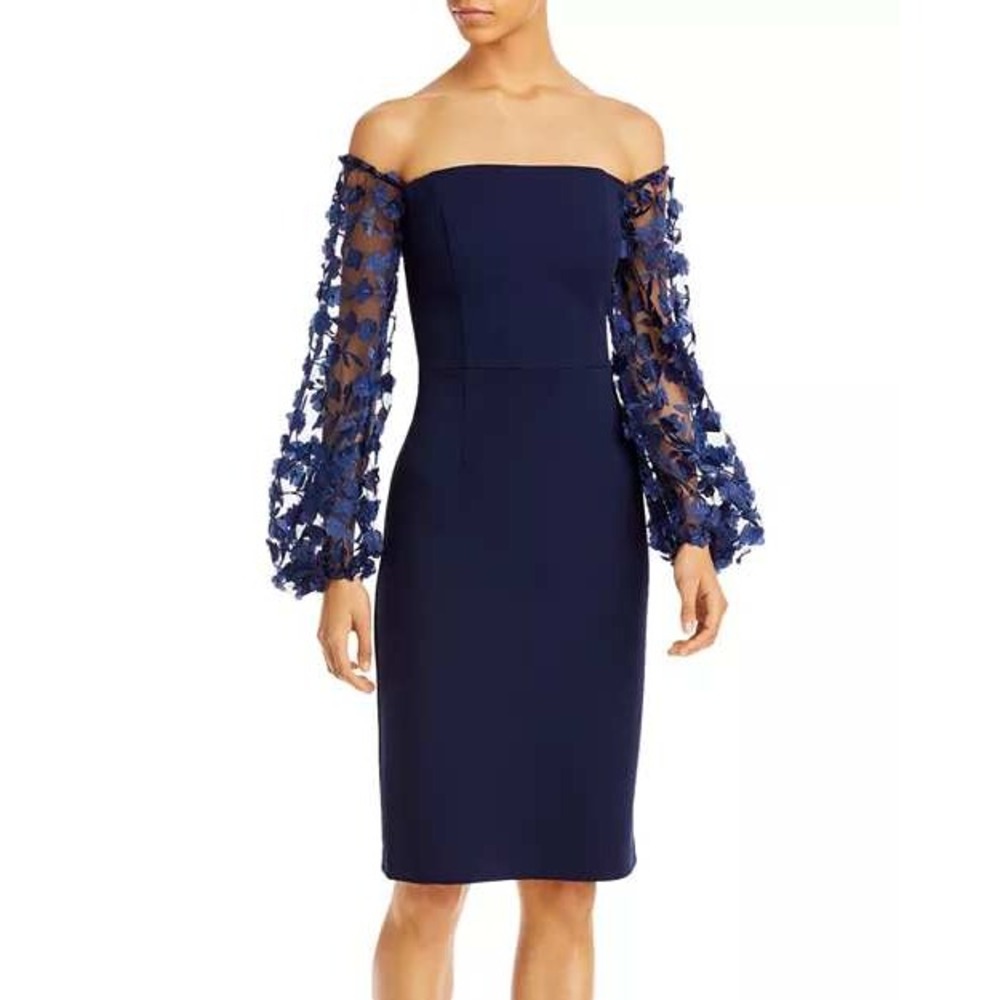 Eliza J Navy Off Shoulder 3D Floral Mesh Sleeve Cocktail Dress Mother Of Sz 8